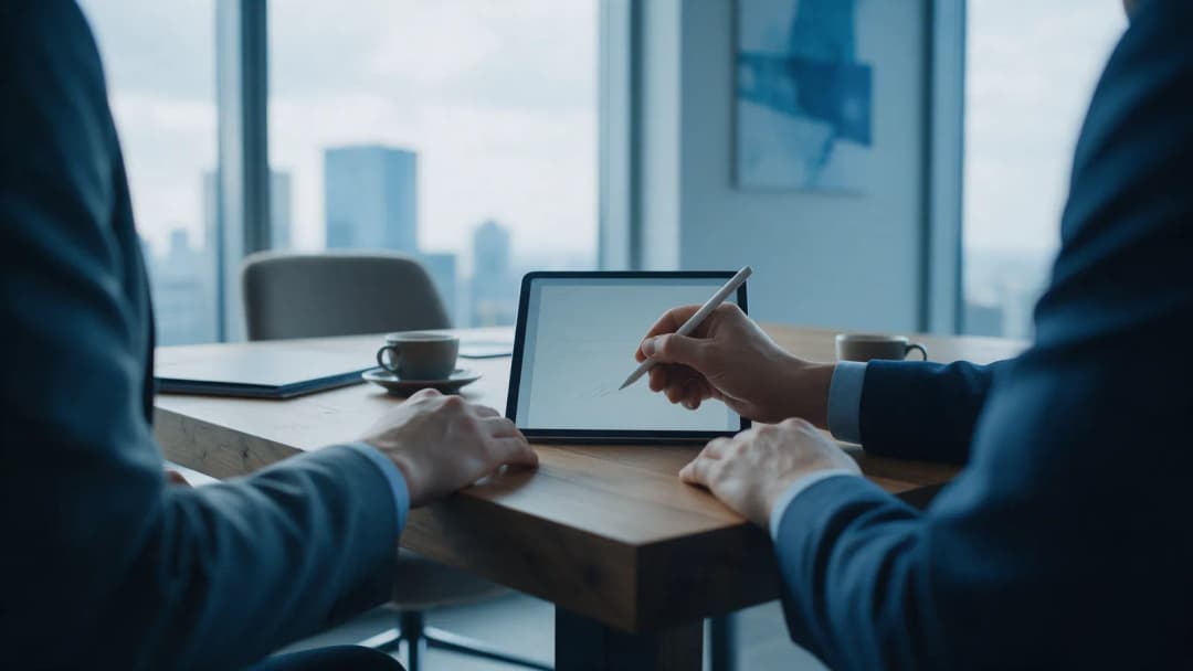 Sócios assinam a alteração contratual na Jucesp em um tablet, sobre a mesa de reunião