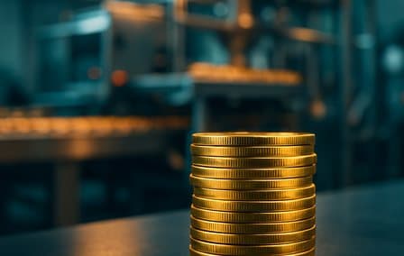 Pilha de moedas sobre a bancada de uma fábrica, simbolizando o caixa que volta com a recuperação de créditos