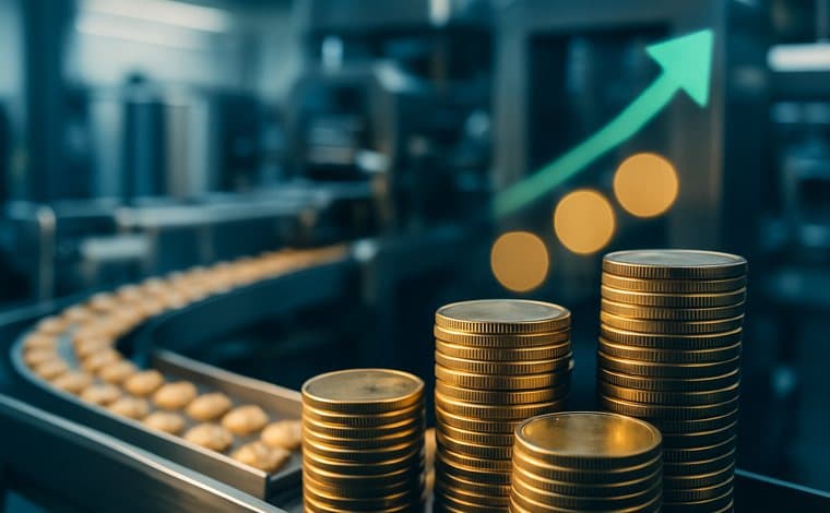Moedas empilhadas em curva de crescimento sobre uma linha de produção, representando créditos tributários recuperados