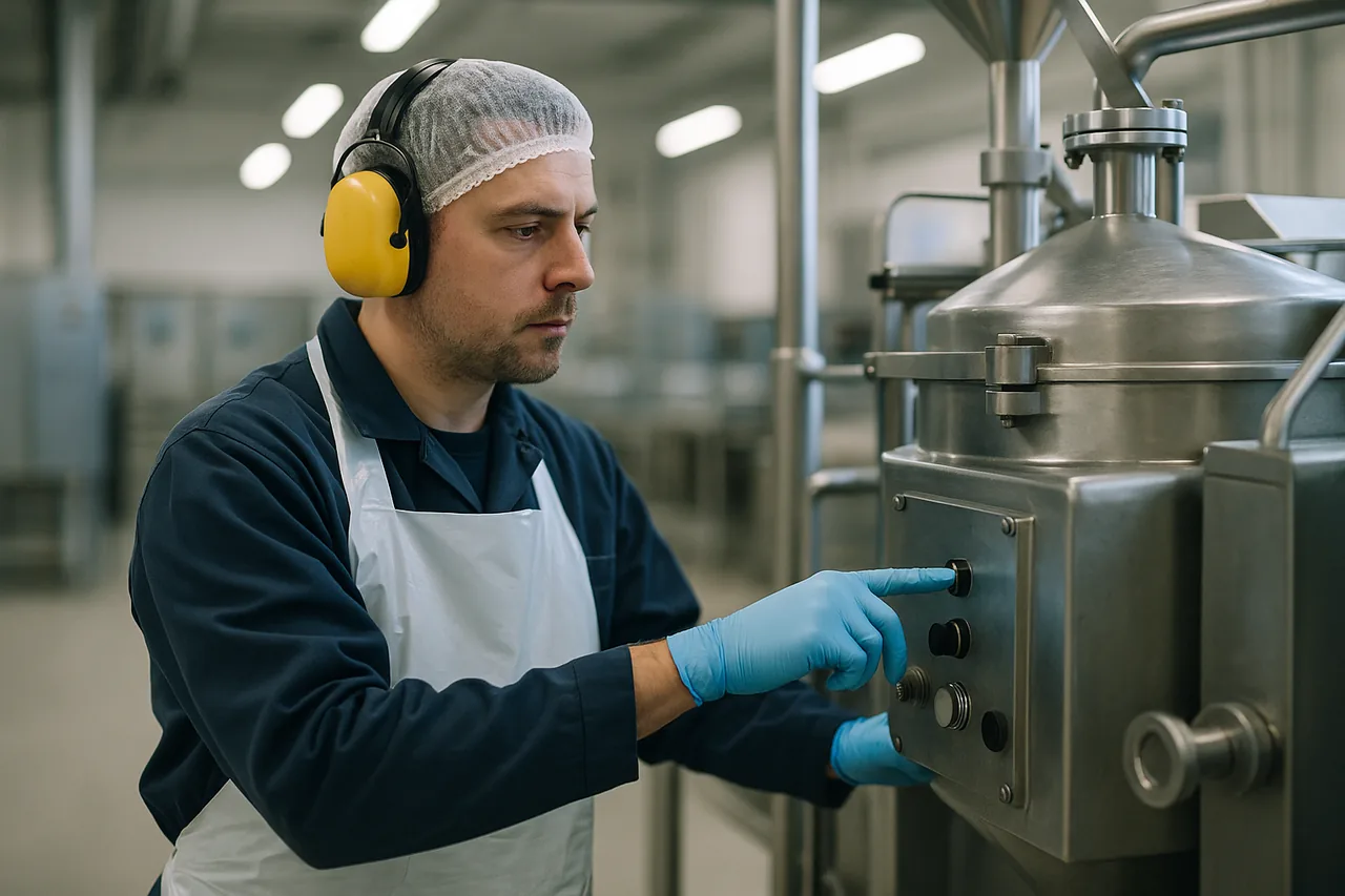 Operador da indústria de alimentos com equipamentos de proteção em área de processamento