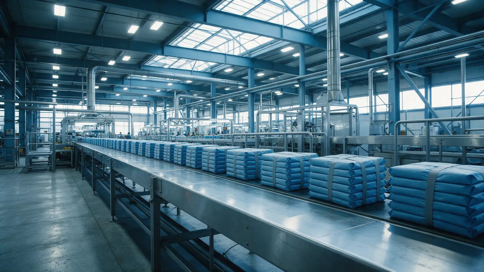 Linha de produção de fábrica com produtos embalados na esteira, indústria diante do IPI com alíquota zero