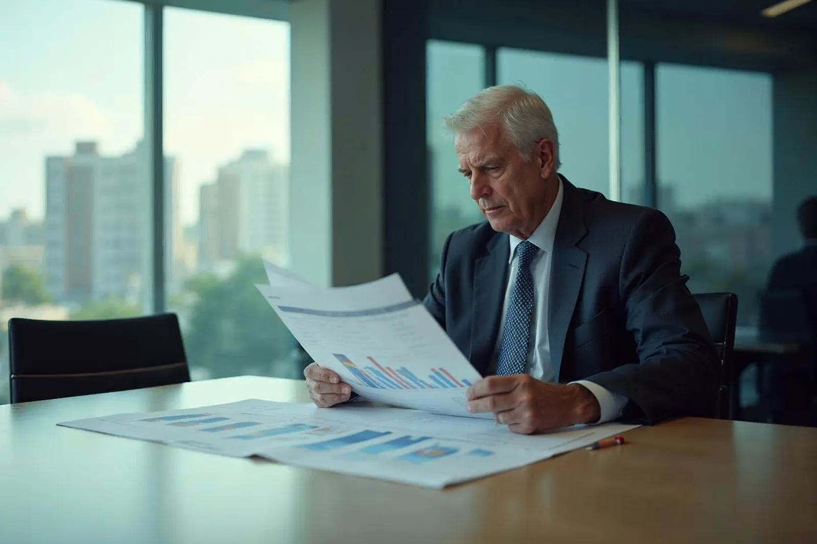 Executivo estuda sozinho um balanço impresso na mesa de reunião, caneta na mão