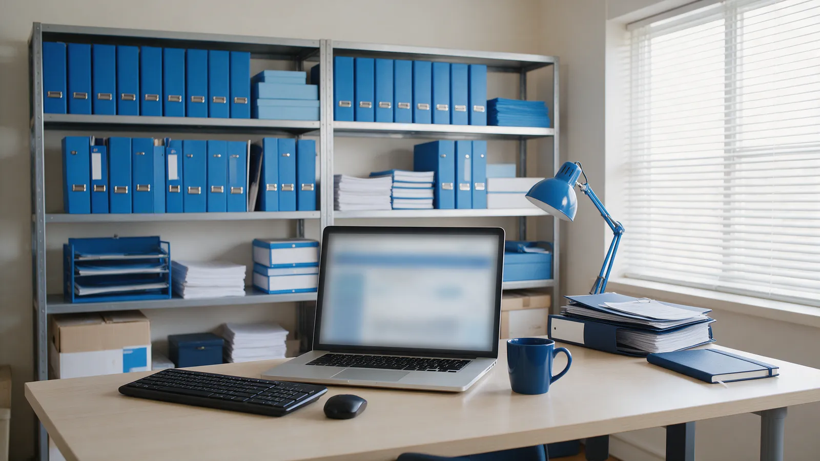 Estante com pastas azuis e notebook no escritório, rotina das obrigações acessórias do Simples Nacional